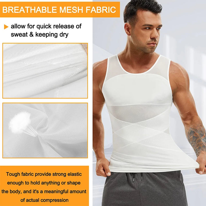 Men's Compression Shirt - Slimming Undershirt, Sleeveless Body Shaper Tank Top, Mesh Cross Suit