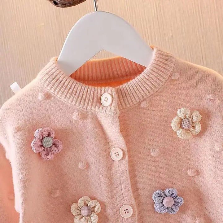 Girls' Korean Knitted Cardigan - Flower Design, Long Sleeve Autumn Top for Kids (1-7T)