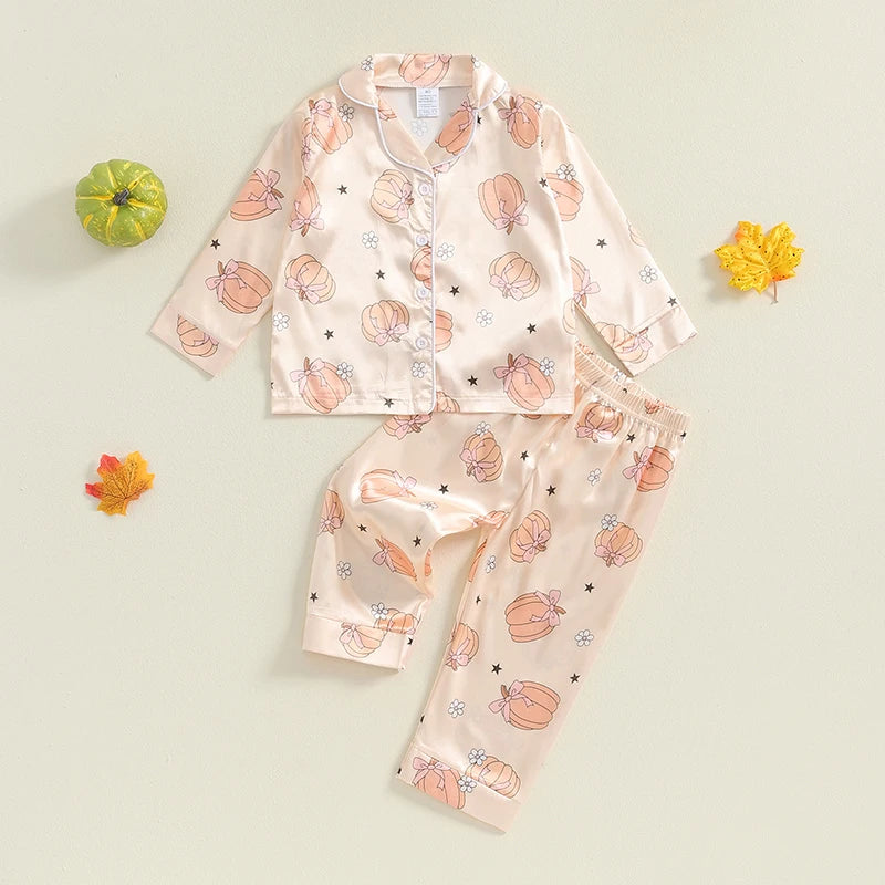 Toddler Girls' Silk Halloween Pajamas – Pumpkin Print Long Sleeve Button-Up Satin Sleepwear