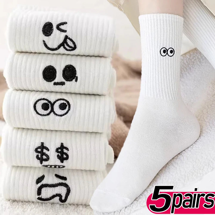 5pairs Cute Emotional Expressions Women's Warm Sock White Kawaii Stocking Embroidered Mid Length Socks Pattern Cotton Sports Sox