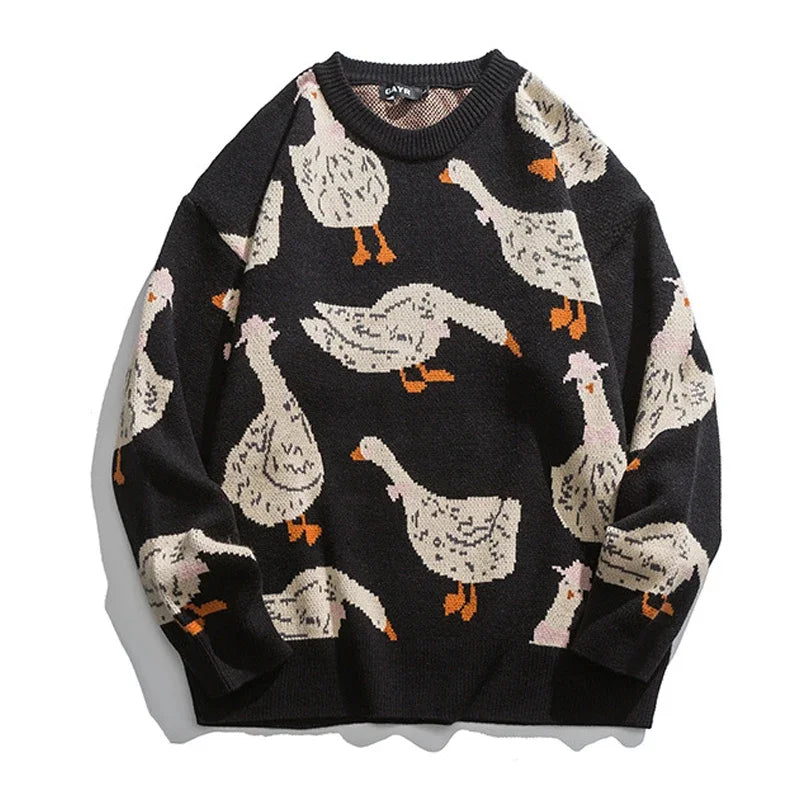 Japanese Knitted Sweater - Men’s Cartoon Duck and Goose Print, Harajuku Casual O-Neck Pullover, Oversized Streetwear, Unisex Fall Top