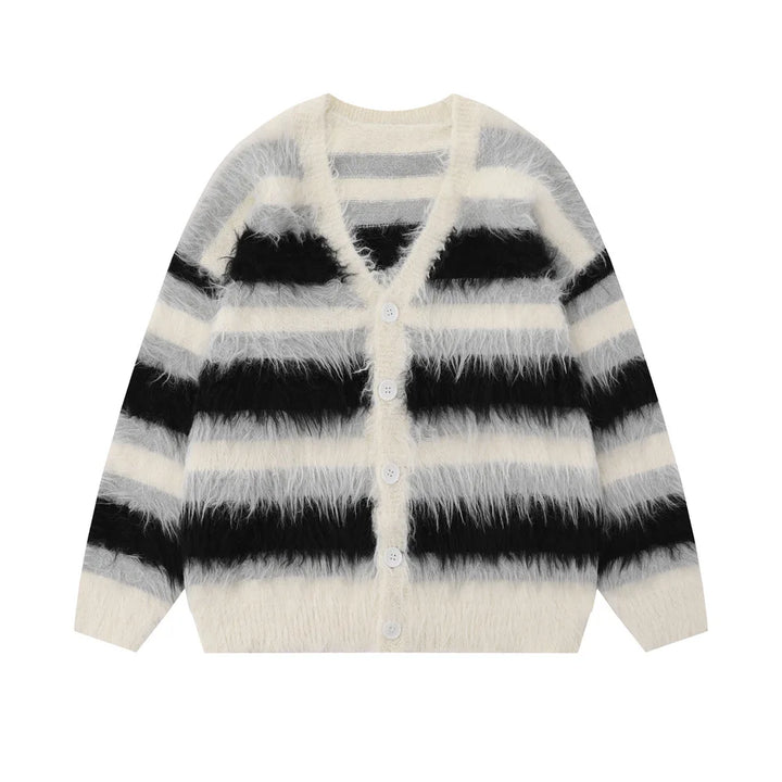 Men's Striped Plush V-Neck Cardigan – Loose Casual Brushed Knit, Harajuku Style