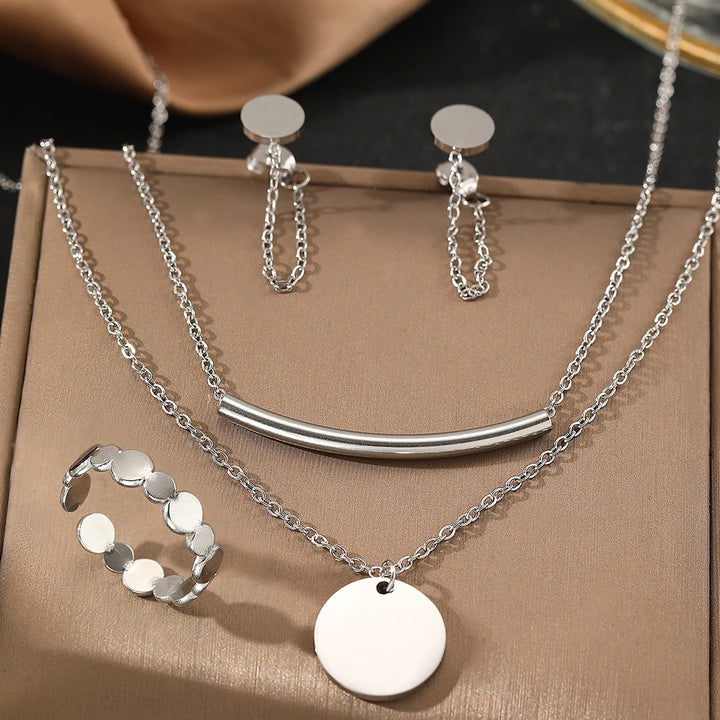 Stainless Steel Jewelry Set - Round Ring, Tassel Earrings & Double-Layer Necklace for Women