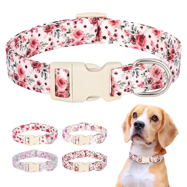 Adjustable Nylon Dog Collar - Flower Print Design for Small, Medium, and Large Dogs, Including Chihuahuas and Pugs