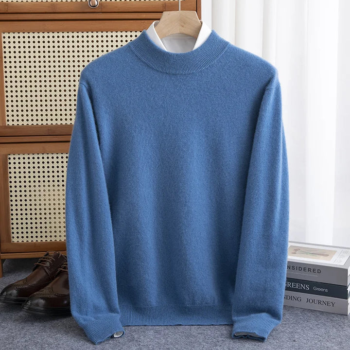 Men's 100% Wool Half-High Collar Sweater – Warm Solid Color Pullover, Business Casual