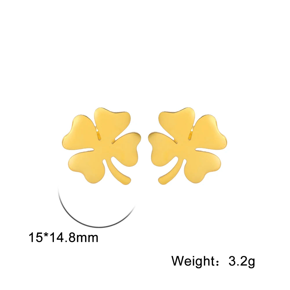 Four-Leaf Clover Stud Earrings - Fashionable Stainless Steel Jewelry in Silver or Gold, Elegant Flower Design for Women