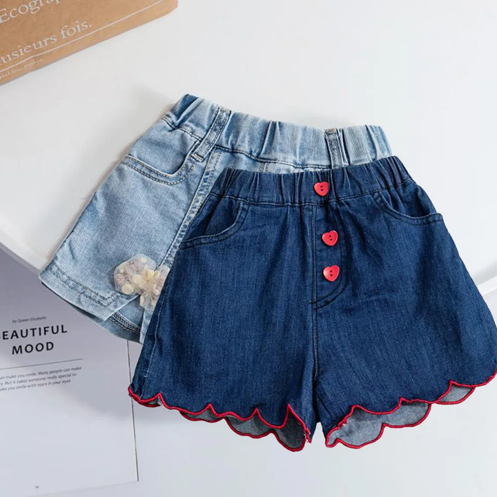 Summer Baby Girls Denim Shorts – Casual Korean Style with Bow & Heart Button Design (0-6Y)