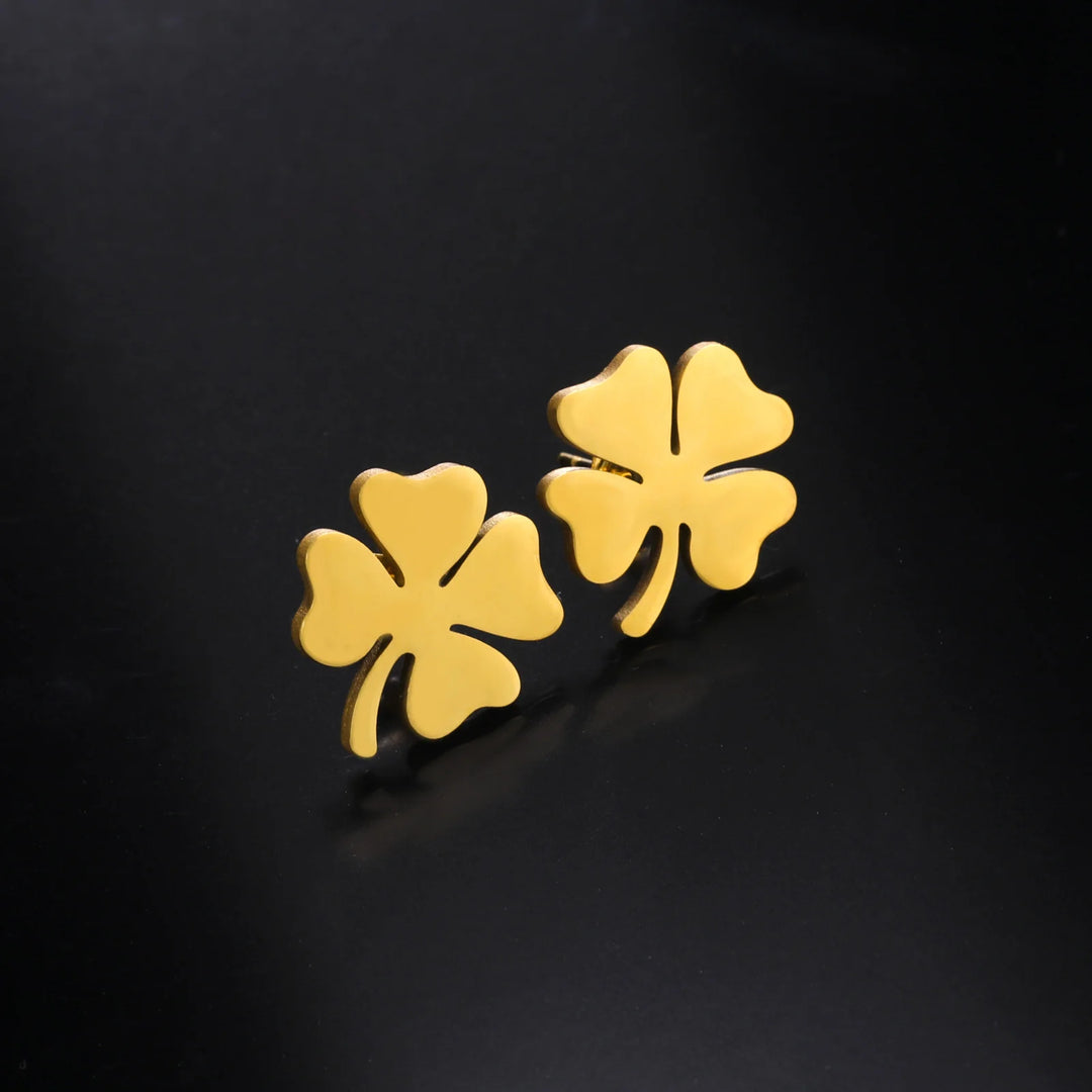 Four-Leaf Clover Stud Earrings - Fashionable Stainless Steel Jewelry in Silver or Gold, Elegant Flower Design for Women