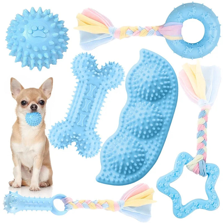 Durable Blue Rubber Chew Toy - Interactive Bone & Ball for Small Dogs