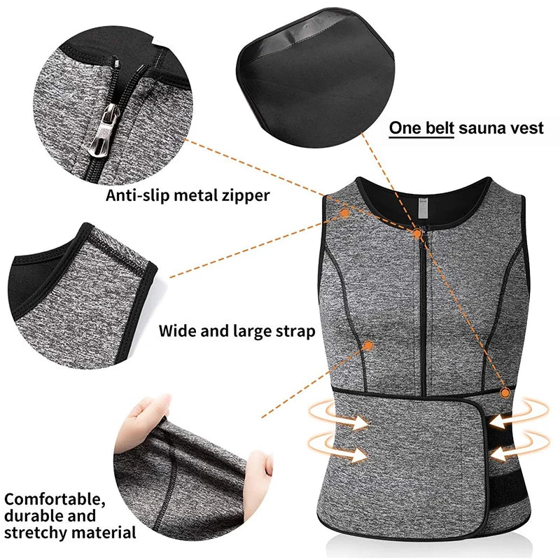 Men Neoprene Sauna Sweat Vest Waist Trainer Corset Body Shaper Zipper Slimming Tank Top Fat Burner Workout Weight Loss Shapewear