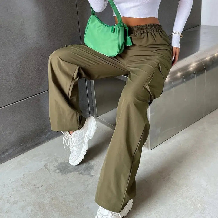 Women's Cargo Pants with Elastic Waist, Wide Leg, and Multiple Pockets