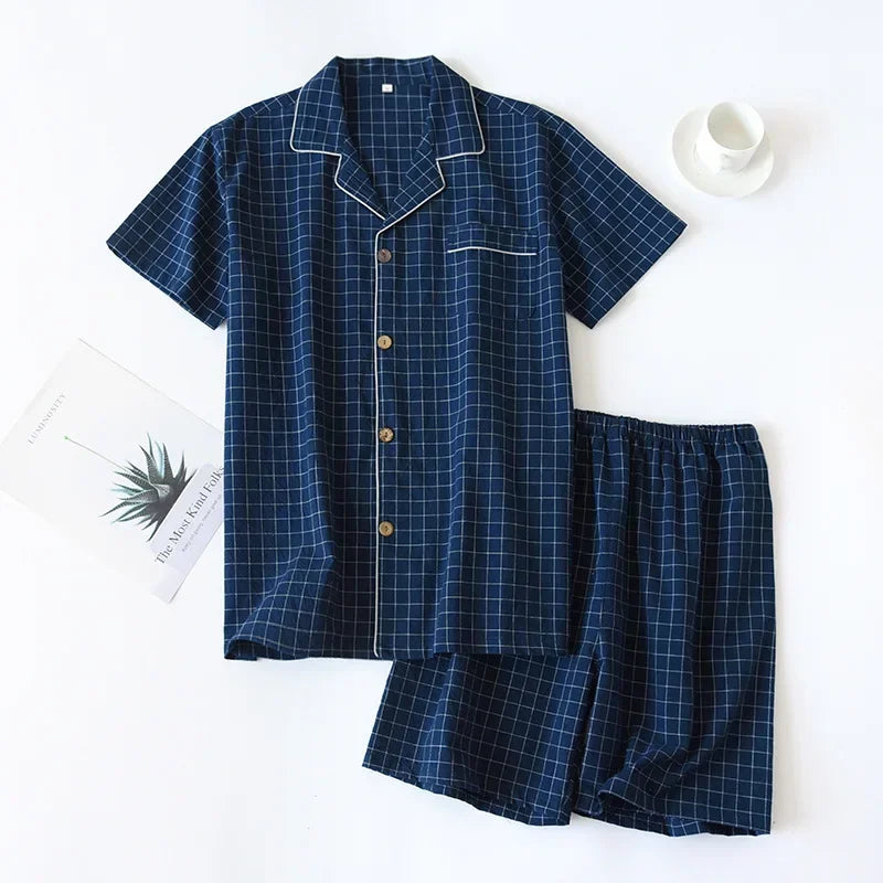 Men's Summer Pajamas - Thin Cotton Short-Sleeve & Shorts, Japanese Plaid Homewear