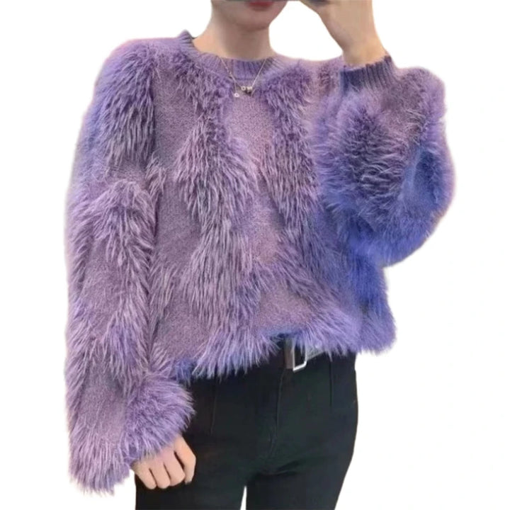 Women's Fuzzy Knit Sweater - Long Sleeve Loose Crewneck Pullover for Fall & Winter