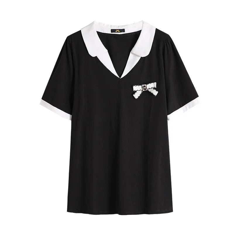 Plus Size Women's Loose College Polo Shirt - Bust 153cm, Short Sleeve Bow T-shirt, Black