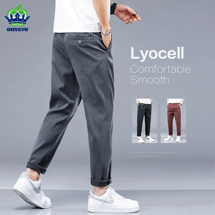 Men's Casual Pants - Soft Lyocell Fabric, Thin Slim Fit, Elastic Waist, Korean Style Jogger Ankle-Length Trousers