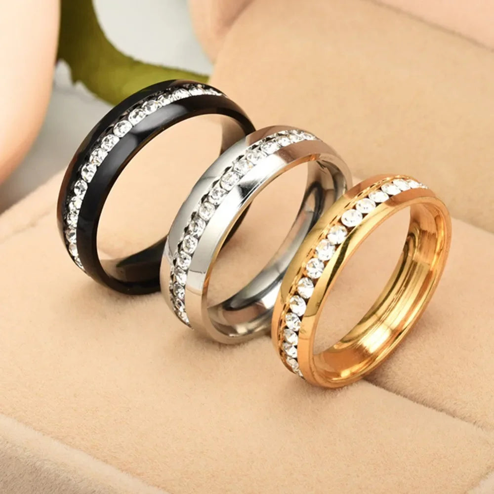 Gold & Silver Plated Black Stainless Steel Zircon Couple Ring - Sizes US 6-13, Men's and Women's Jewelry