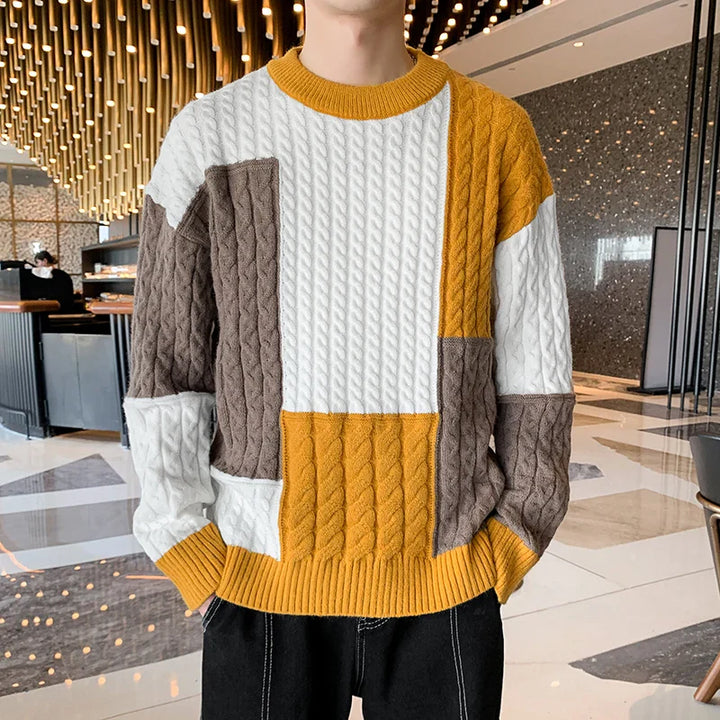 Spring/Winter Patchwork Sweater - Loose Fit, High-Quality Streetwear for Men, Casual and Warm Knitting Pullover