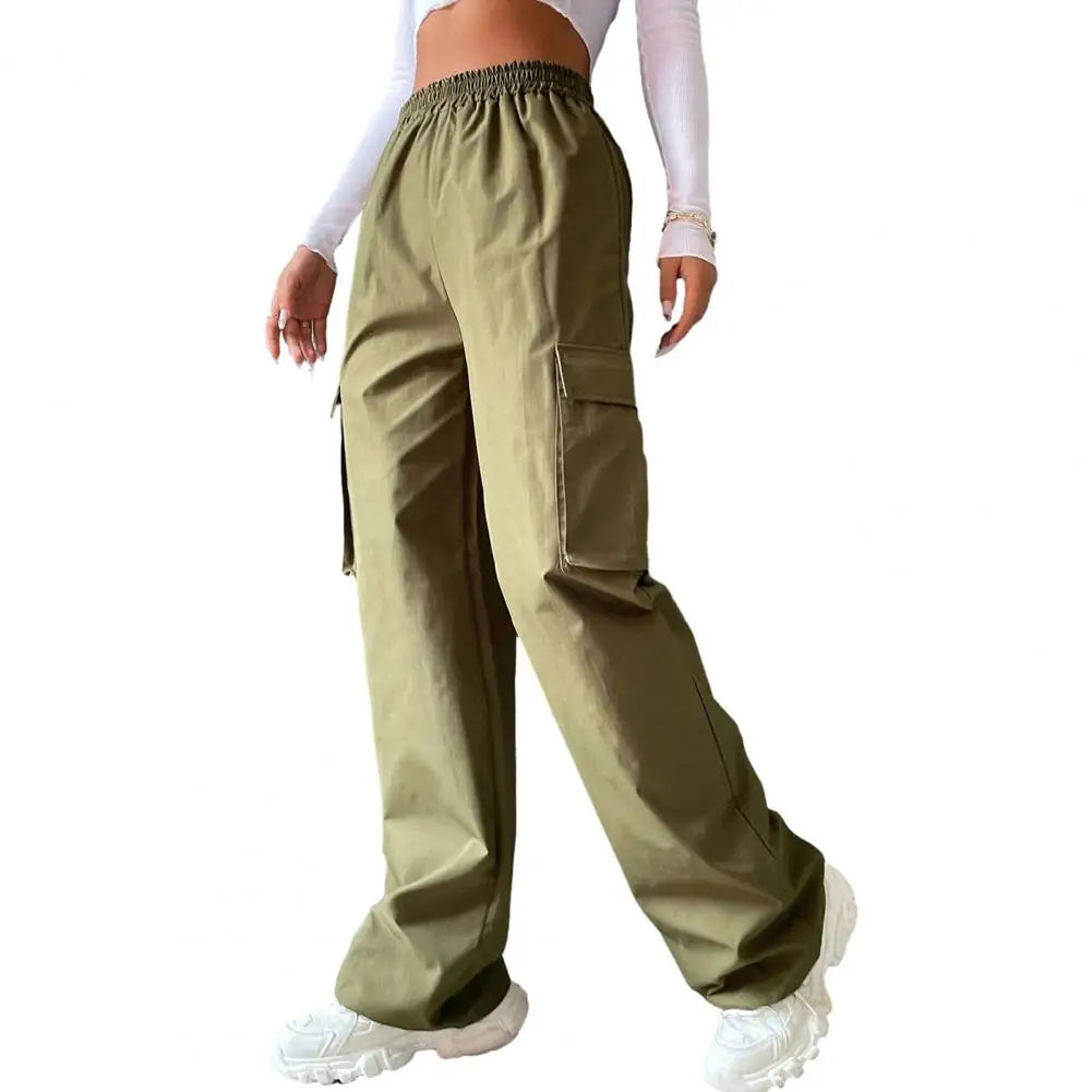 Women's Cargo Pants with Elastic Waist, Wide Leg, and Multiple Pockets