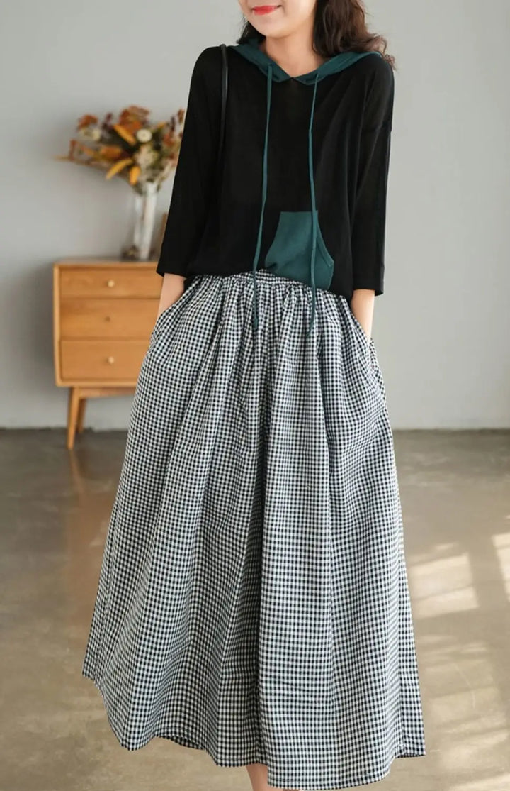 Elegant Women's Plaid Wide-Leg Pants - Thin Cotton Linen, High Waist Baggy Jogger Sweatpants