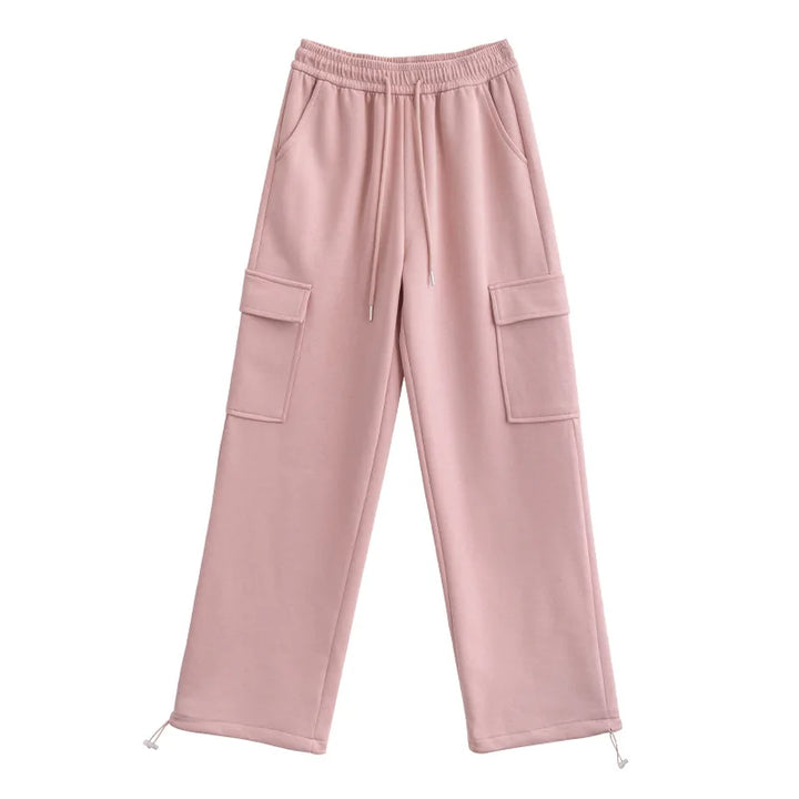 Women's Cotton Cargo Pants - High Waist, Drawstring, Multi-Pocket, Tie Feet, Straight Leg, Wide Leg