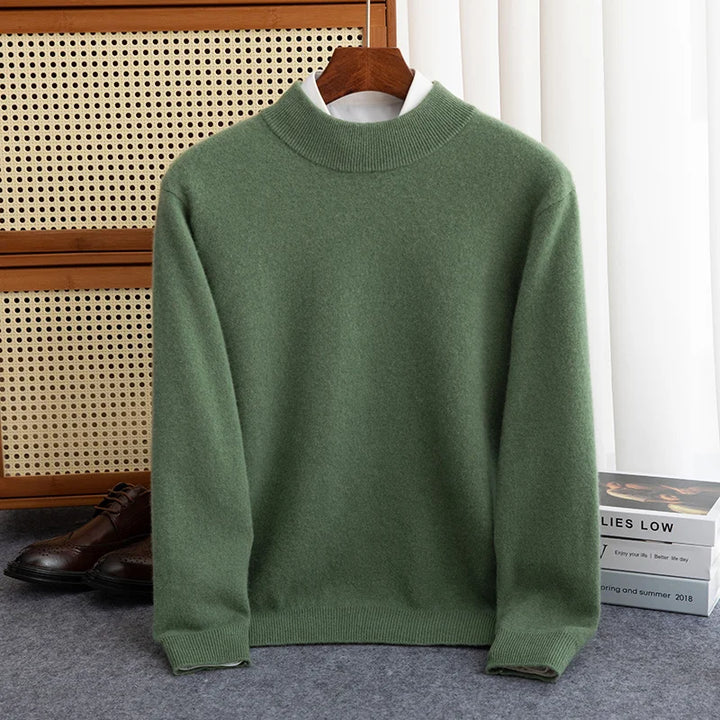 Men's 100% Wool Half-High Collar Sweater – Warm Solid Color Pullover, Business Casual