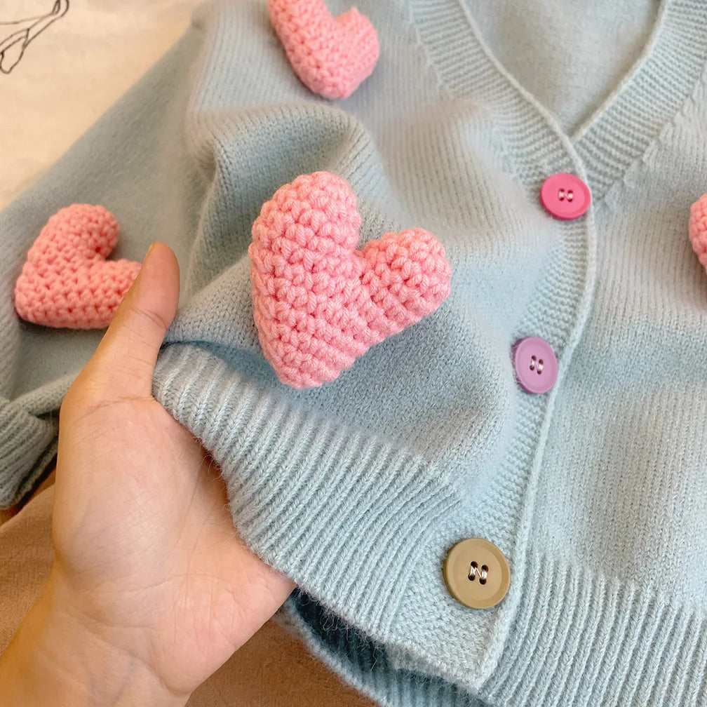 Girls' Knitted Cardigan Coat - Three-Dimensional Heart Design, Autumn/Winter Baby Girls' Jacket (2-8Y), Korean Style