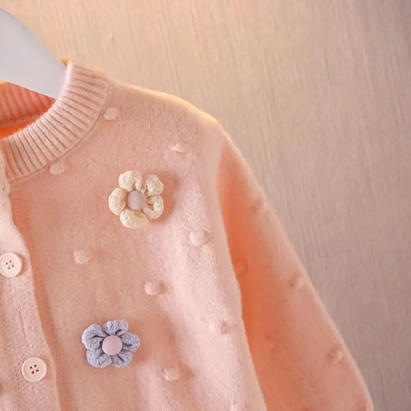 Girls' Korean Knitted Cardigan - Flower Design, Long Sleeve Autumn Top for Kids (1-7T)