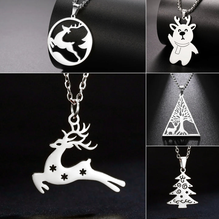 LIKGREAT Reindeer & Christmas Tree Pendant Necklace  Stainless Steel Choker Jewelry Gift