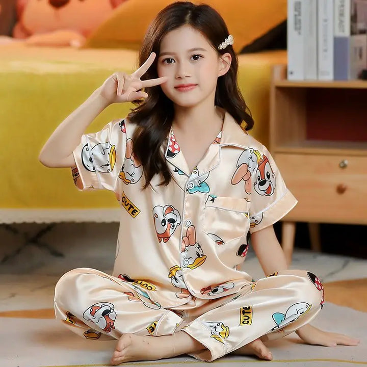 Kids Cinnamoroll Silk Satin Pajama Set – Girls' Cartoon Button-Down Short Sleeve Top & Pants