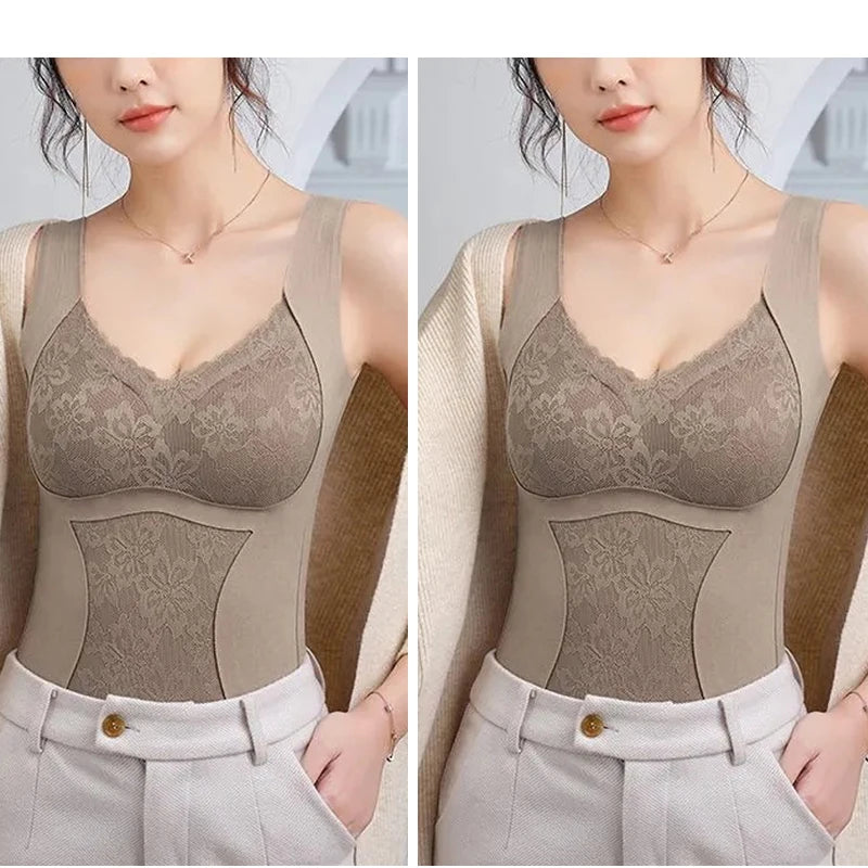 2-Piece Women’s Thermal Underwear - Soft Lace Padded Vest for Winter Warmth