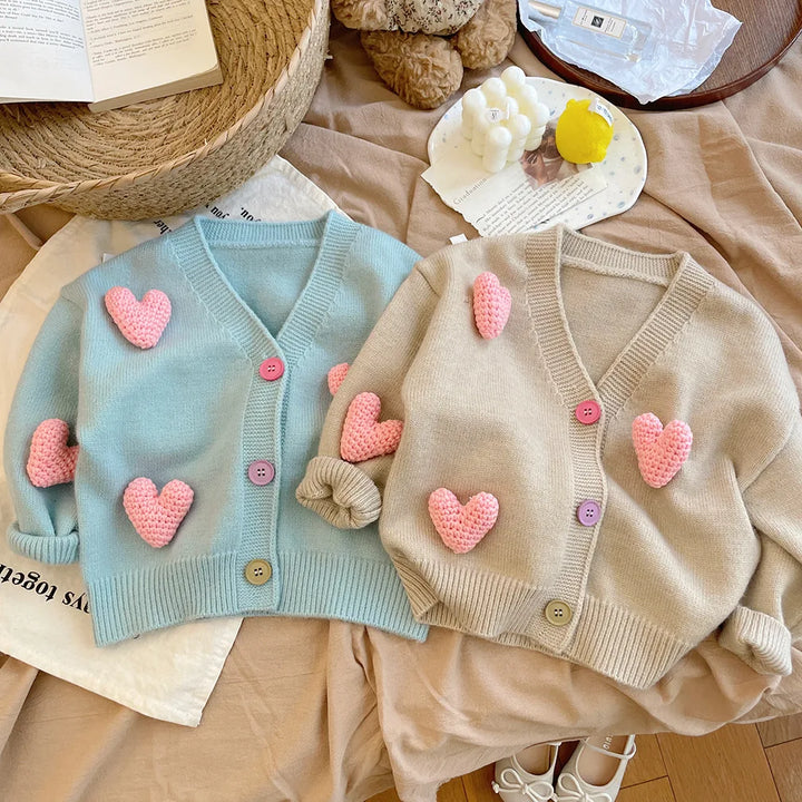 Girls' Knitted Cardigan Winter Sweater with Love Decor Korean Style for Toddlers