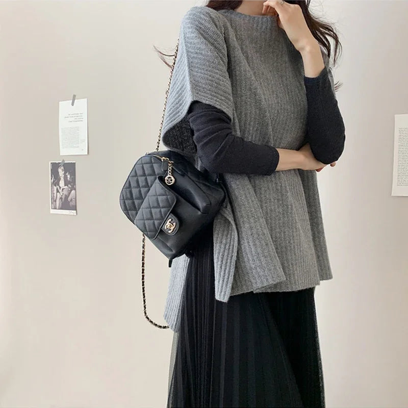 Women's Knitted Cloak Sweater  Loose Fit, Short-Sleeve Fall Fashion