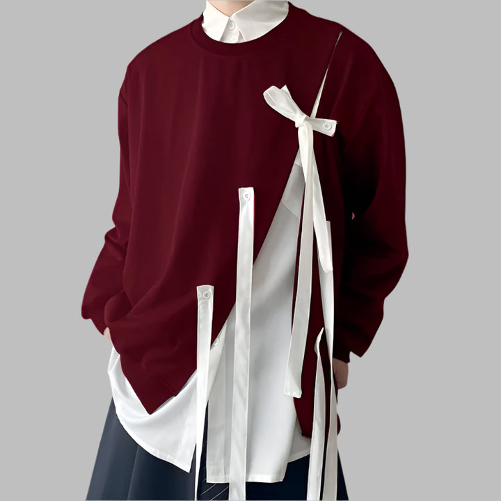 Men's O-Neck Sweater - Bow Ribbon Design, Solid Casual Pullover