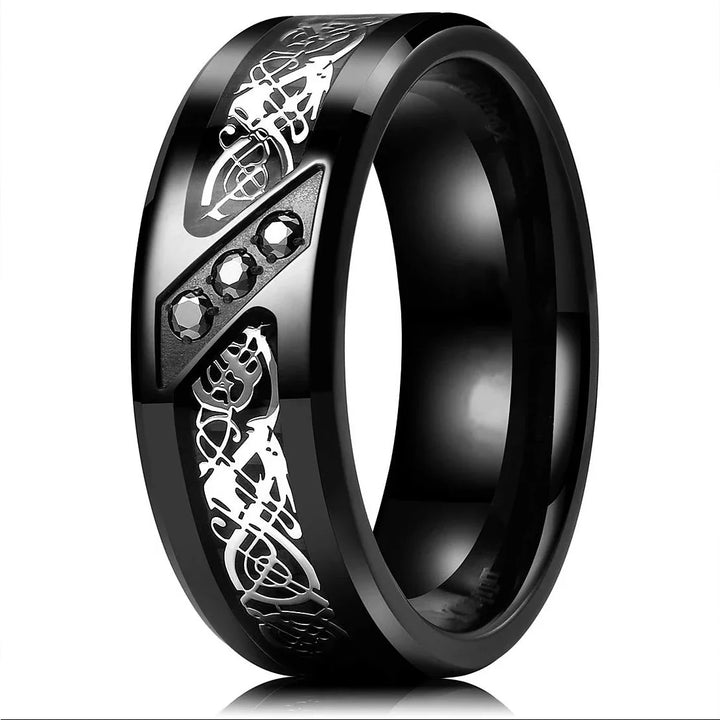 Fashion Couple Ring Set - Women's White Rhinestone Zircon Ring & Men's Stainless Steel Celtic Dragon Wedding Band