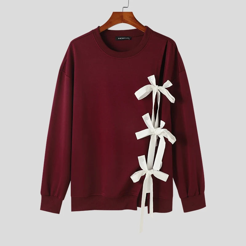 Men's O-Neck Sweater - Bow Ribbon Design, Solid Casual Pullover