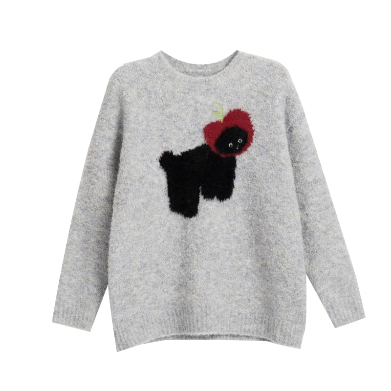 Women's Gray Cartoon Christmas Puppy Pullover Sweater - Embroidered Round Neck, Thickened Warm Autumn/Winter Shoulder Top