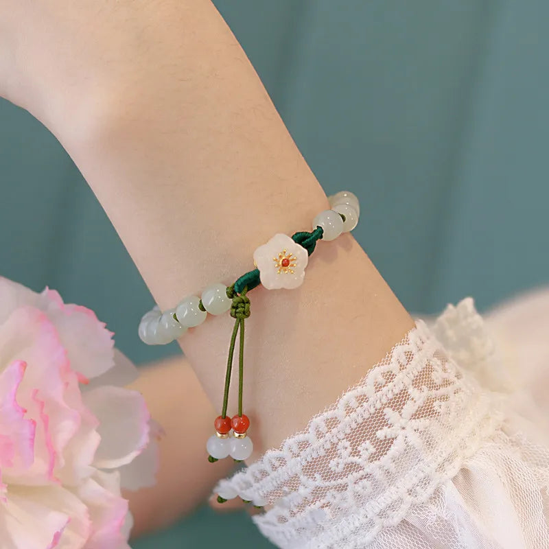 Jade Beads Small Peach Flower Woven Bracelet Female Minority Design Students' Best Friend Gift Beads Bracelet Ins Knitting