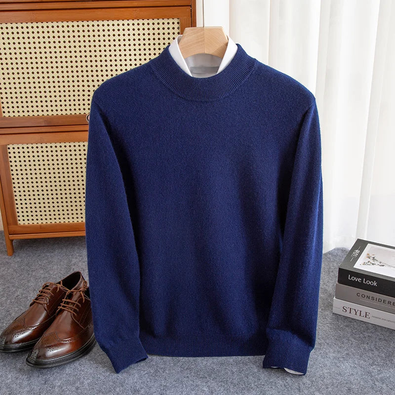 Men's 100% Wool Half-High Collar Sweater – Warm Solid Color Pullover, Business Casual