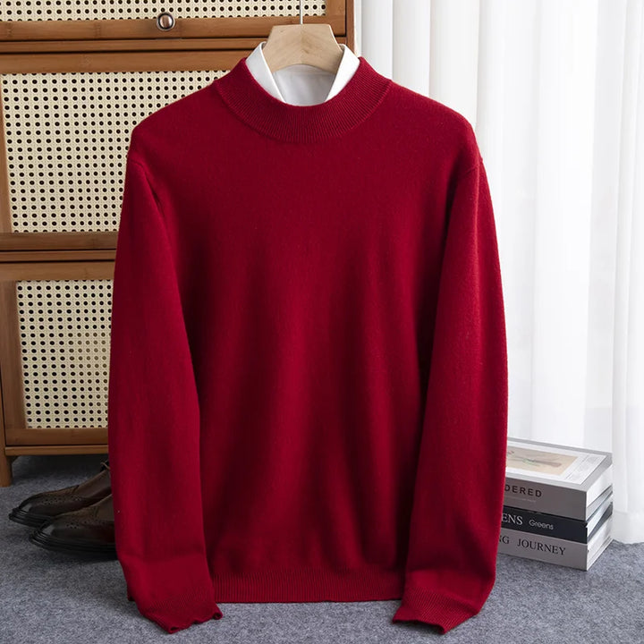 Men's 100% Wool Half-High Collar Sweater – Warm Solid Color Pullover, Business Casual