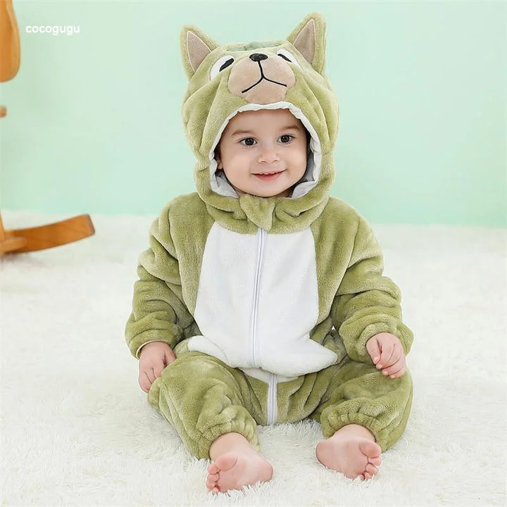 Green Dog Baby Romper – Flannel One-Piece Pajama for Newborns, Winter & Halloween Outfit