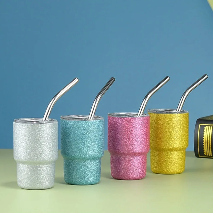 3oz Glitter Stainless Steel Tumbler, Double-Wall Insulated Coffee Cup with Straw