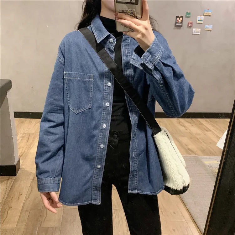 Plus Size Women's Denim Shirt - Long Sleeve Turn-Down Collar Loose Jean Blouse