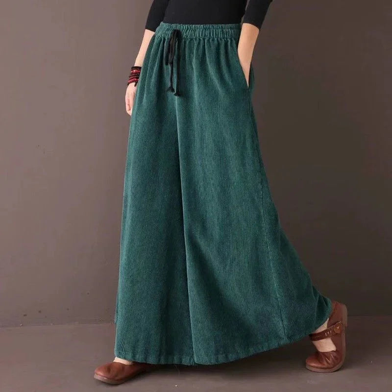 High-Waisted Corduroy Pants for Women - Wide-Leg, Warm Velvet Trousers with Pockets