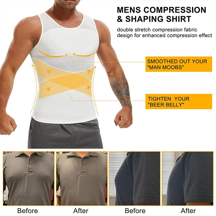 Men's Compression Shirt - Slimming Undershirt, Sleeveless Body Shaper Tank Top, Mesh Cross Suit