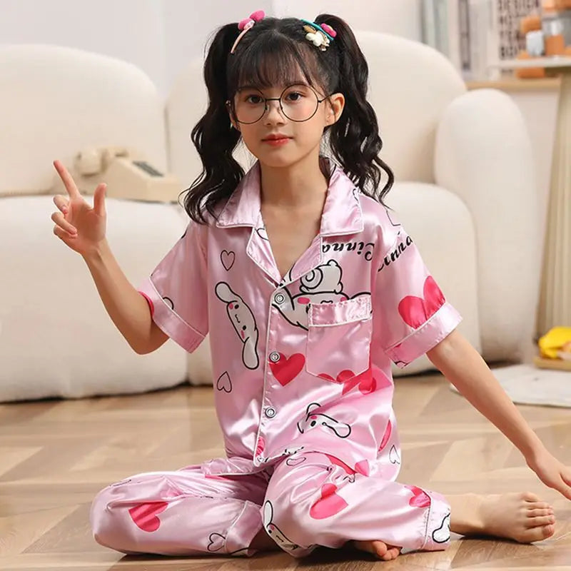 Kids Silk Satin Pajama Set – Girls' Cartoon Button-Down Short Sleeve Top & Pants