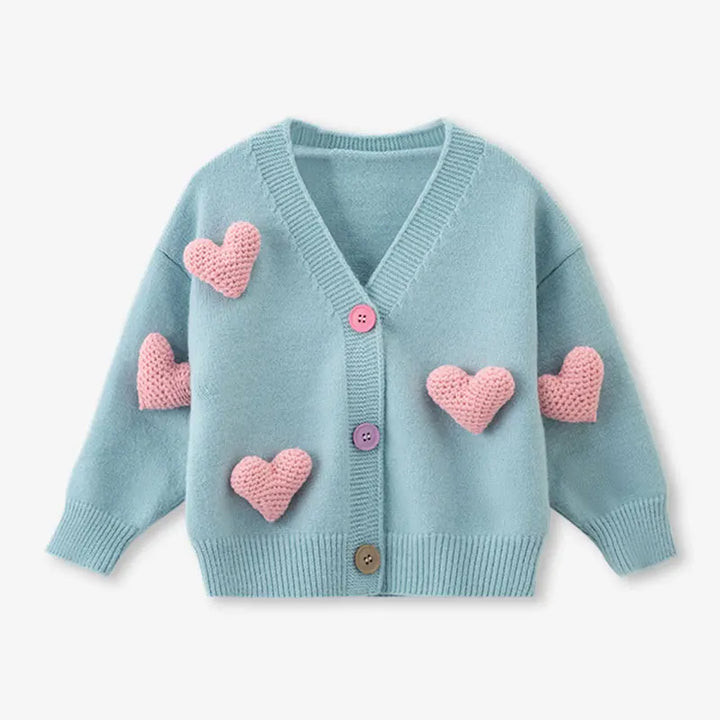 Girls' Knitted Cardigan Coat - Three-Dimensional Heart Design, Autumn/Winter Baby Girls' Jacket (2-8Y), Korean Style