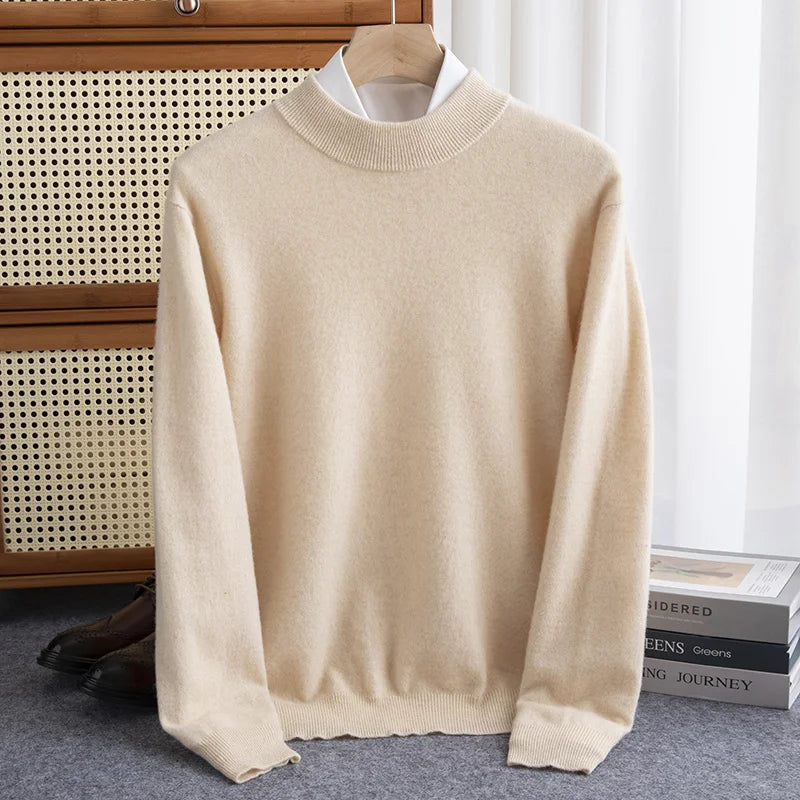 Men's 100% Wool Half-High Collar Sweater – Warm Solid Color Pullover, Business Casual