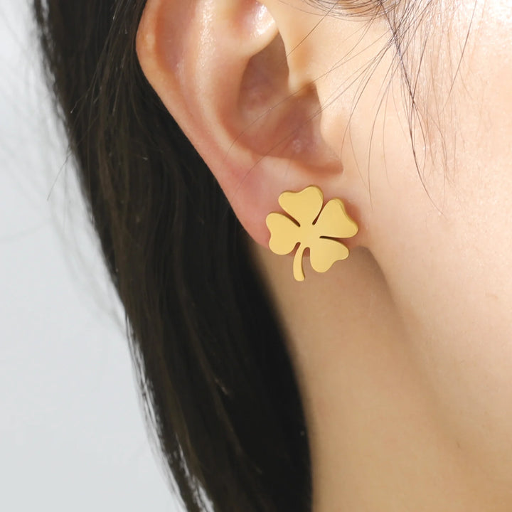 Four-Leaf Clover Stud Earrings - Fashionable Stainless Steel Jewelry in Silver or Gold, Elegant Flower Design for Women