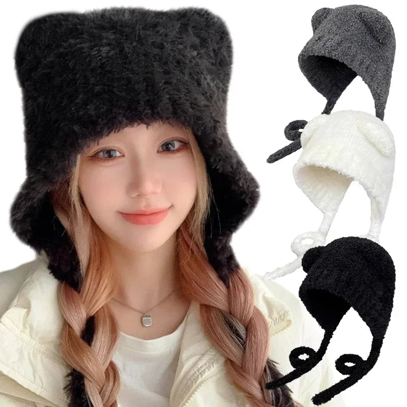 Winter Plush Beanies – Cute Bear Ear Wool Hat, Warm Lace-up Ear Protection Knitted Bomber Cap, Korean Women Knitting Bonnets Gorros