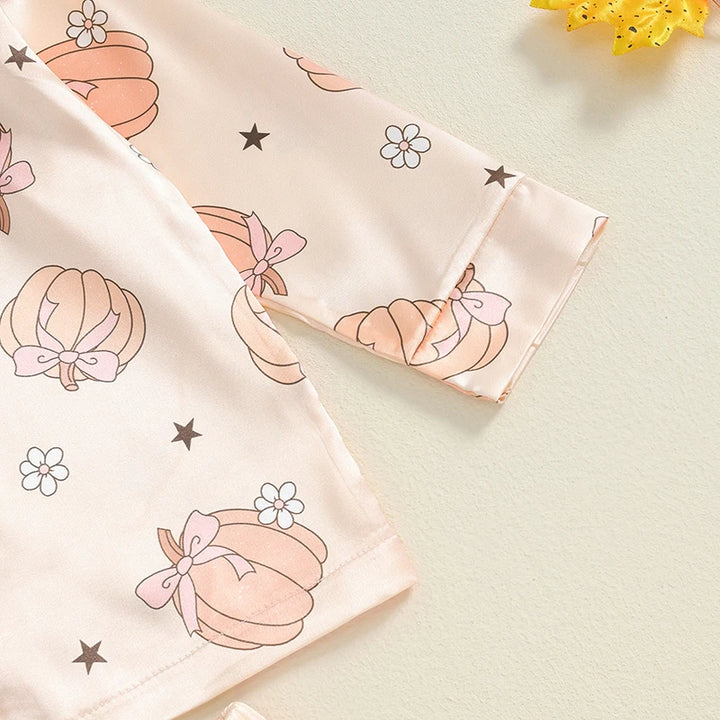 Toddler Girls' Silk Halloween Pajamas – Pumpkin Print Long Sleeve Button-Up Satin Sleepwear